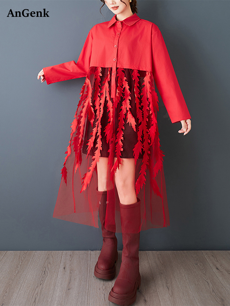 Women'S Red Formal Wear - Gaun Kemeja Vintage Merah Patchwork Jala