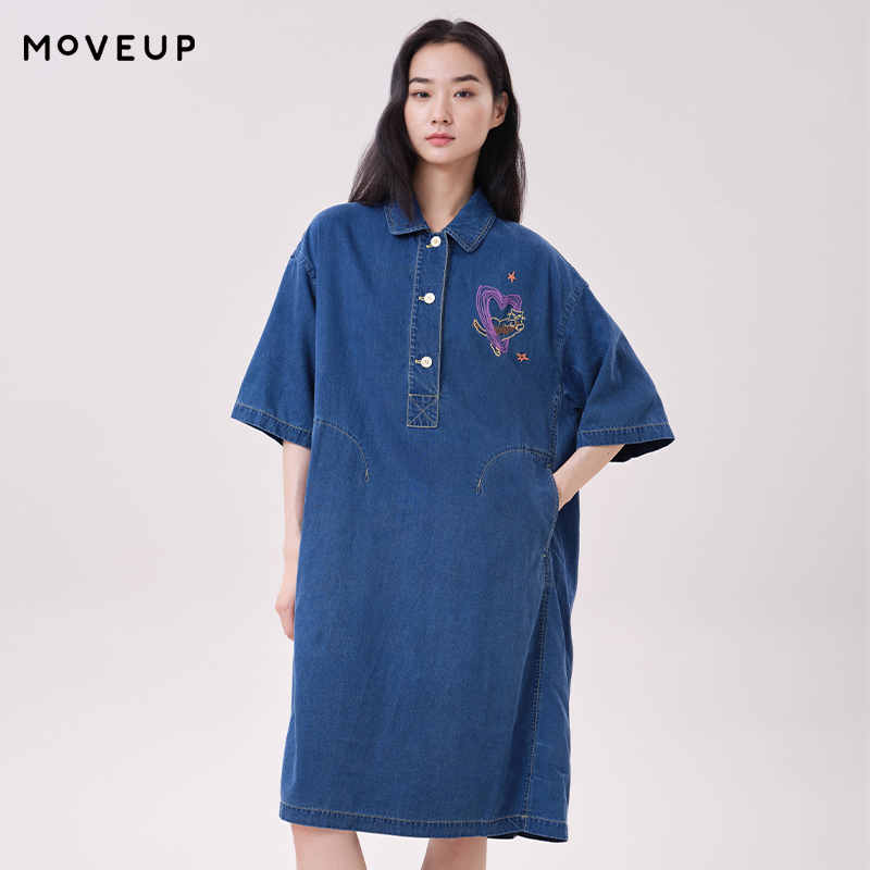 Midi Dress - MOVEUP Gaun Denim Lyocell Kerah Polo
