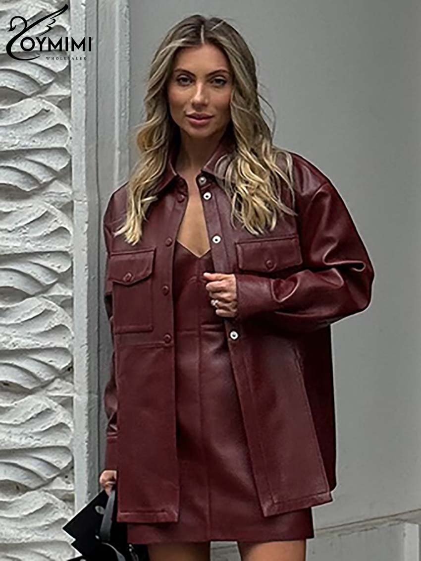 Women'S Red Formal Wear - Oymimi Set gaun Mini wanita kulit