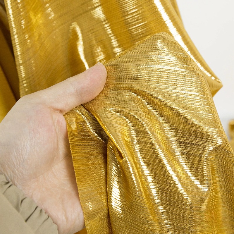 Evening Gown - Kain Rajut Bergaris Kuning Keemasan, Elastis,