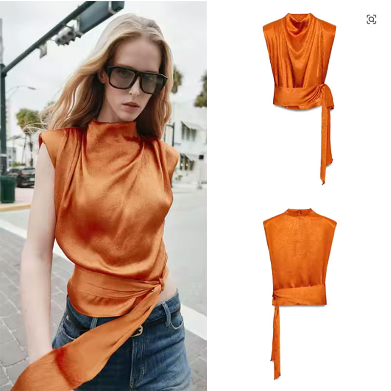 Silk Blouse - Atasan Crop Tanpa Lengan Kerah Selendang