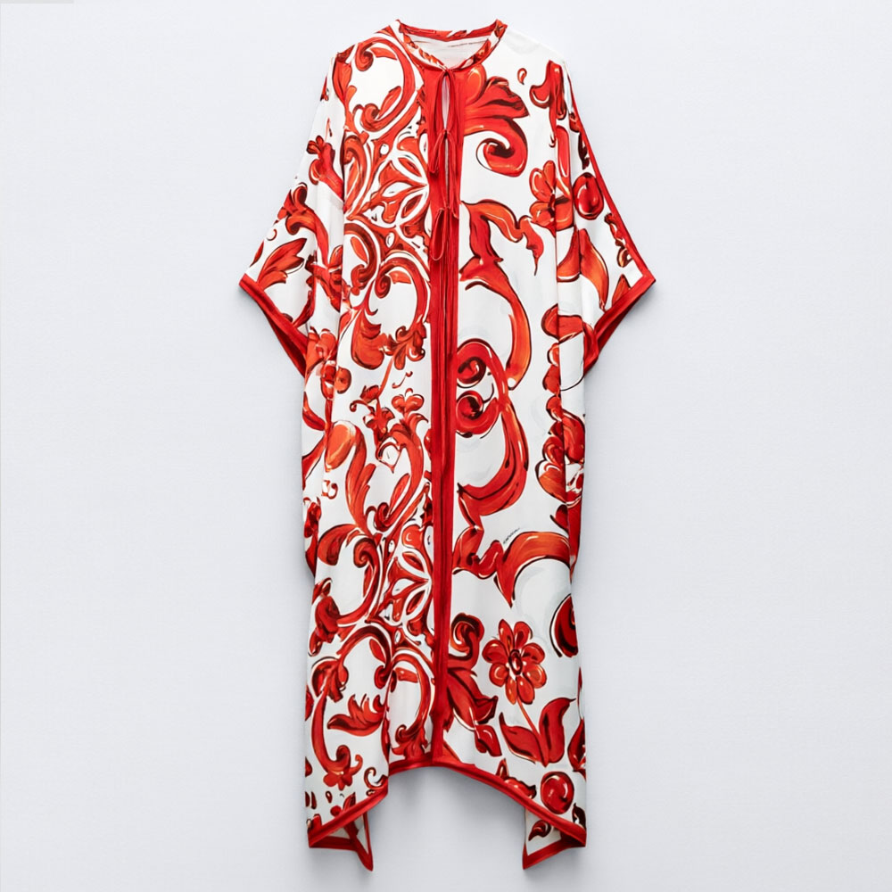 Women'S Red Formal Wear - Gaun Panjang Longgar Motif Vintage Merah