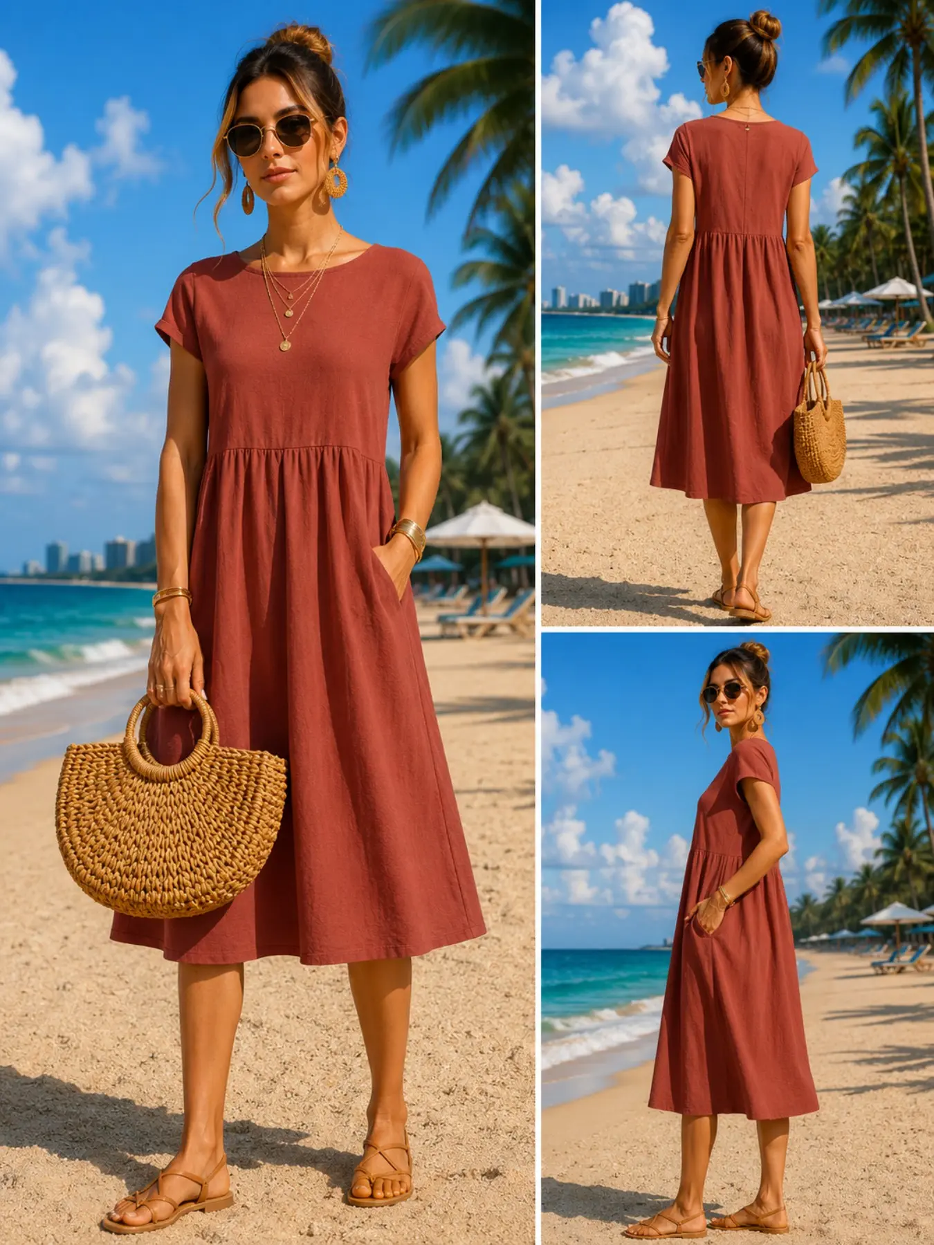 Midi Dress - Gaun Midi Kasual Wanita dengan Saku,