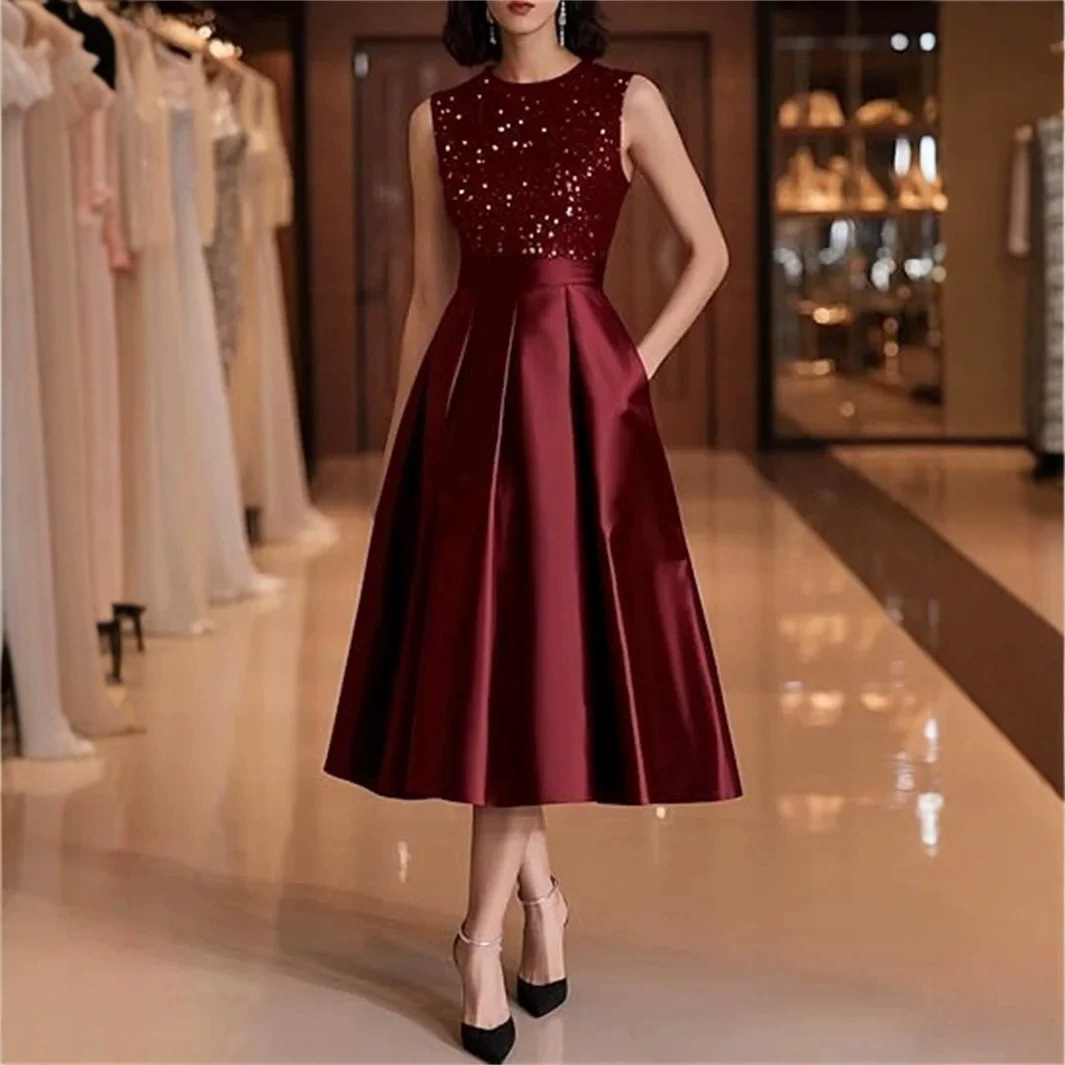 Gaun Midi Satin Payet Burgundy - Midi Dress ulasan dan harga