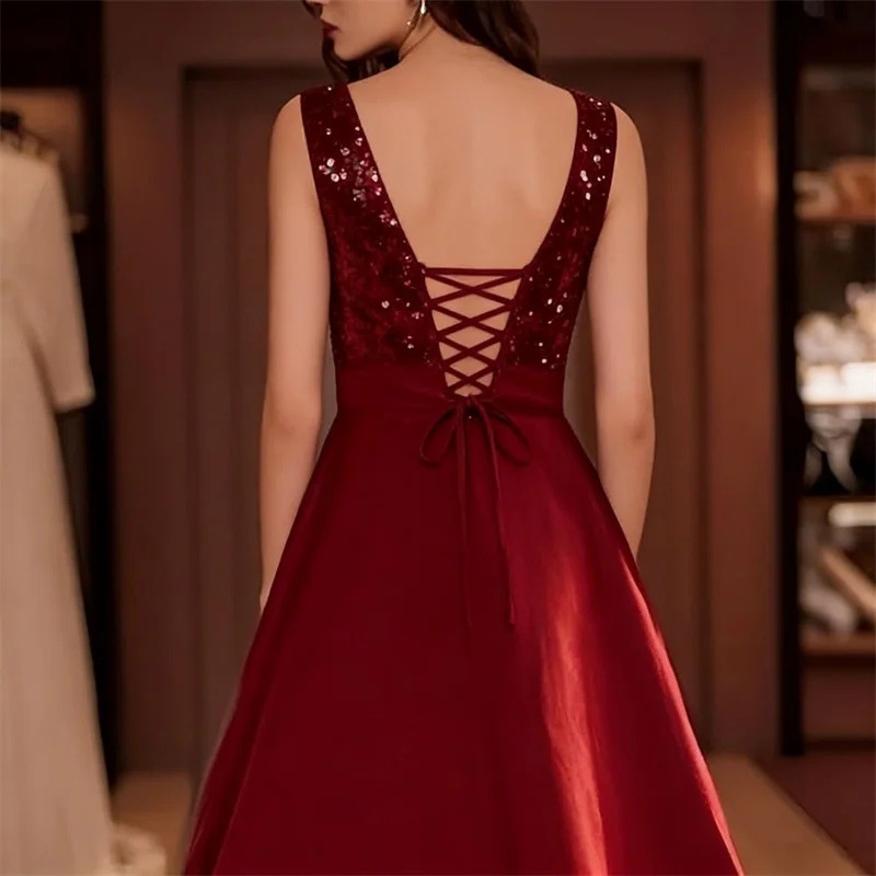 Gaun Midi Satin Payet Burgundy - Midi Dress ulasan dan harga