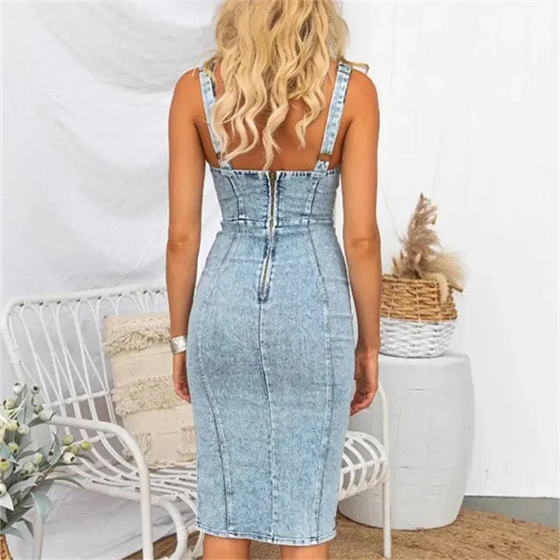 Gaun Denim Slim Fit Vintage Mo - Midi Dress ulasan dan harga