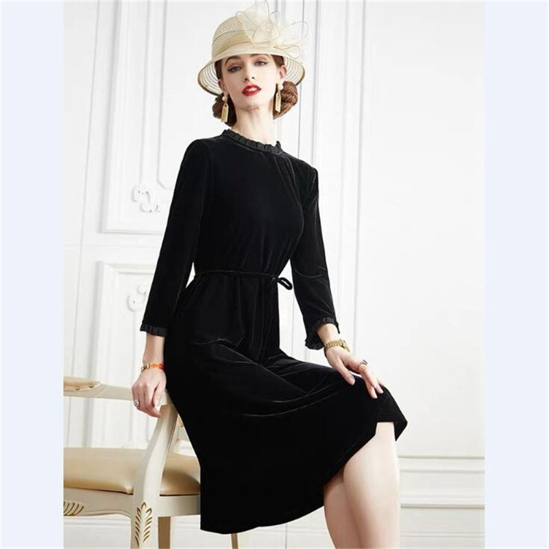 Gaun Beludru A-Line Wanita Mus - Midi Dress ulasan dan harga