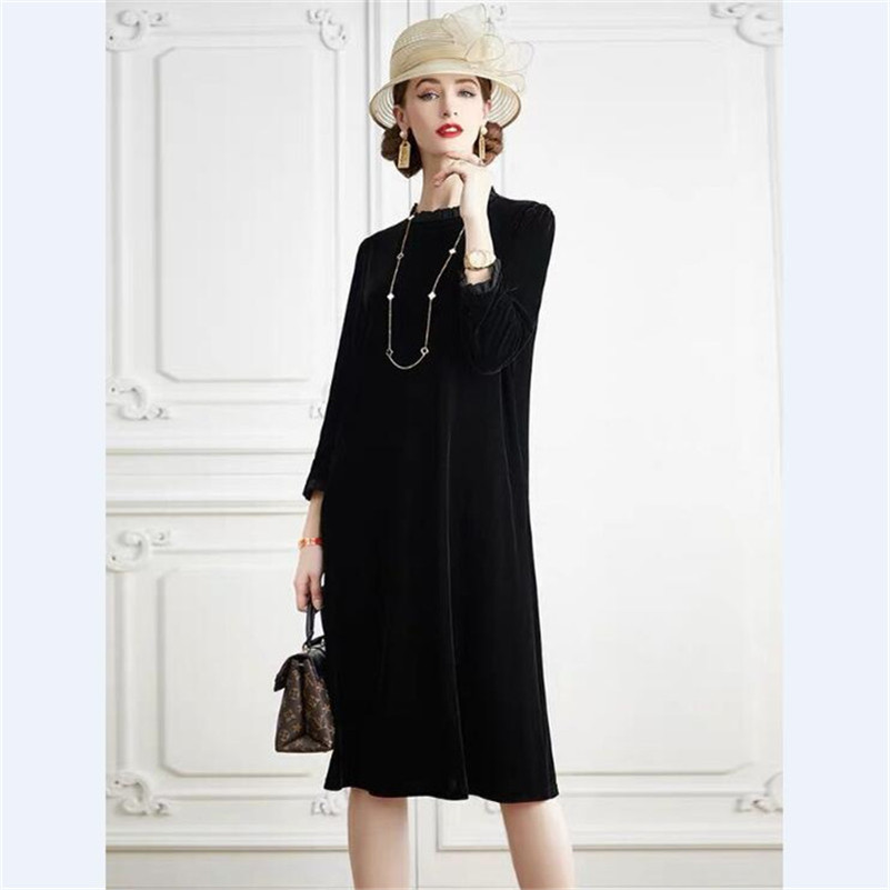 Gaun Beludru A-Line Wanita Mus - Midi Dress ulasan dan harga